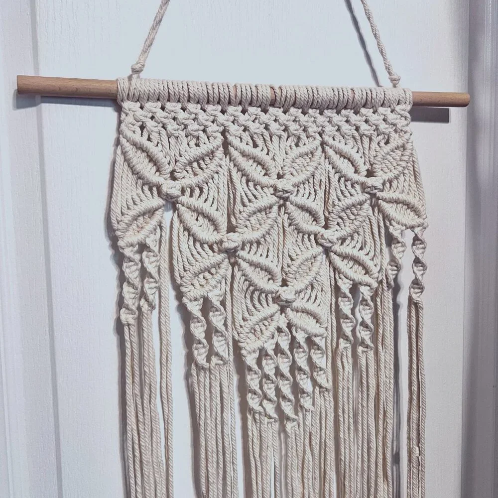 Macrame/Crocheted Wall Hanging-Ivory/Cream-Bohemian-Wood Dowel-Knots-Twist-Flow
